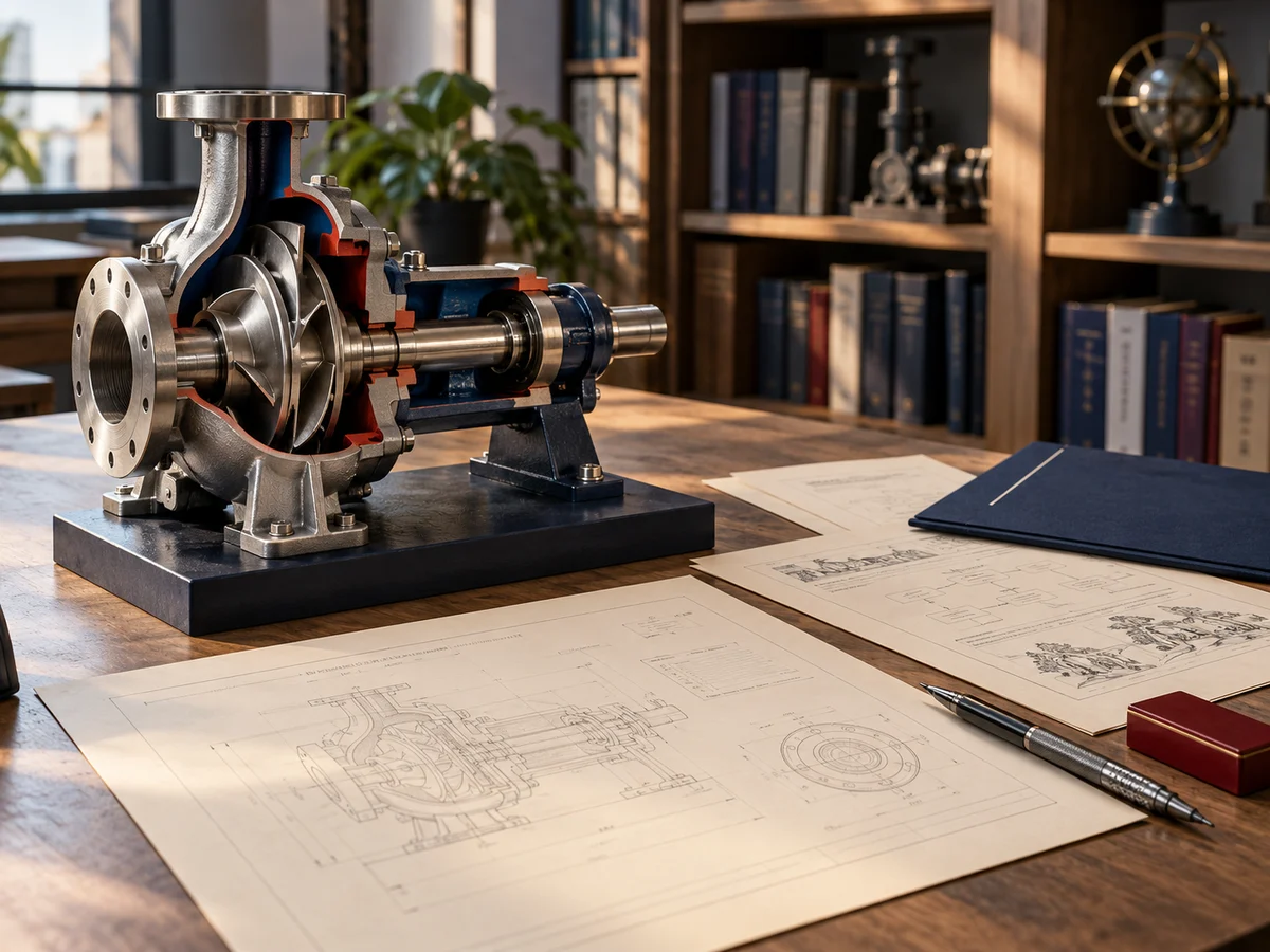 A conceptual training design desk with a cutaway pump model and planning materials